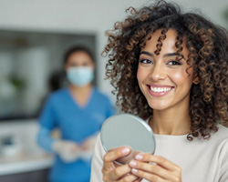 Woman smiling while holding small mirror