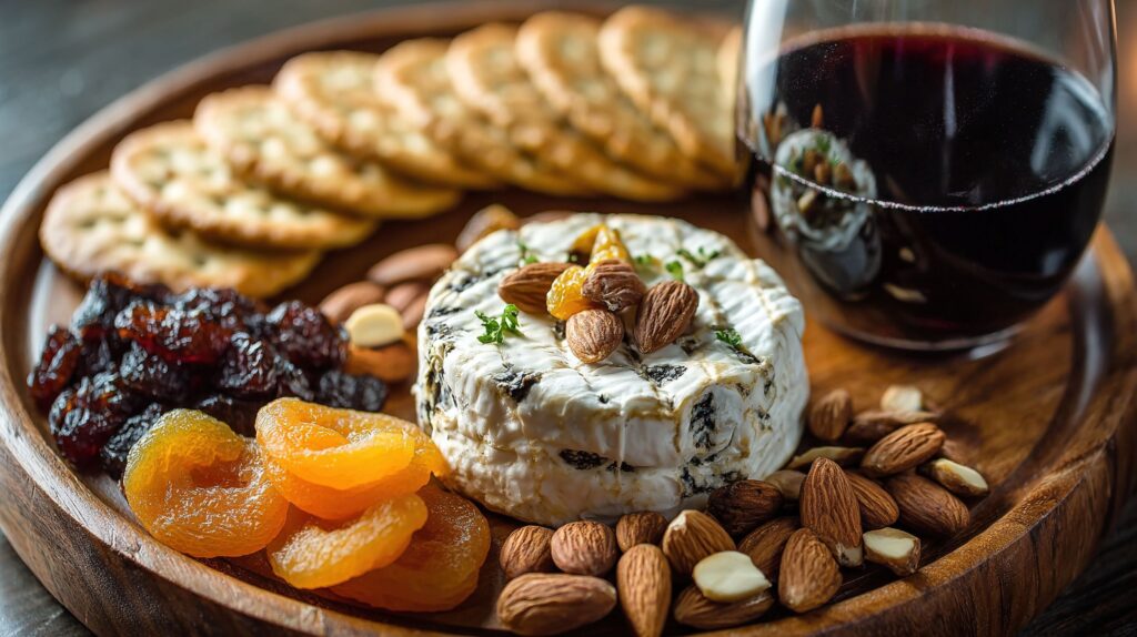 Tray with crackers, wine, raisins, and other dried fruits and nuts